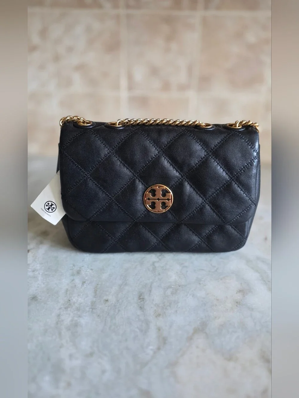 Tory Burch Willa Small Shoulder Bag Black Diamond Quilted Leather NWT